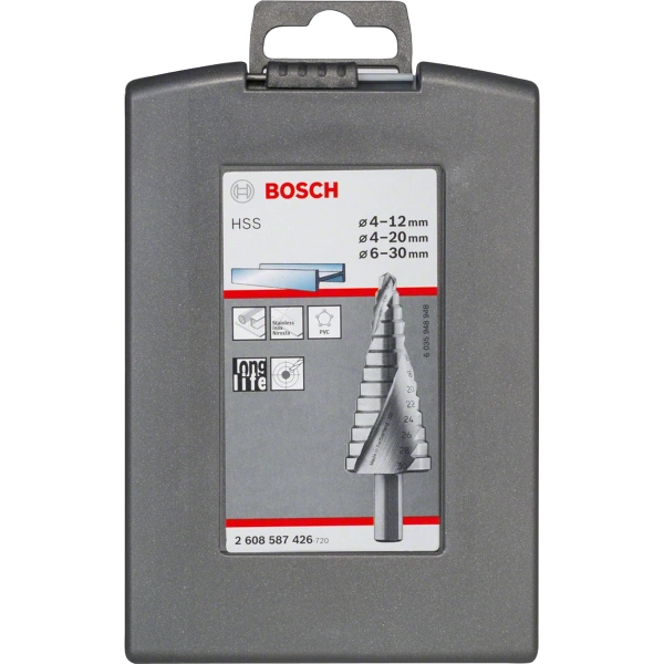 3-piece HSS step drill bit set 4-12/4-20/6-30 Bosch 