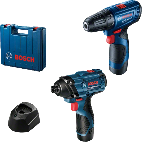 Combo Kit: Cordless drill/driver GSR 120-Li + Cordless impact wrench GDR 120-Li + 2 x GBA 12V 2.0Ah battery + GAL 1210 CV charger in carrying case Professional Bosch