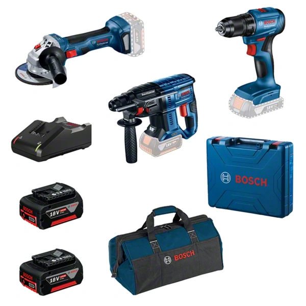 Combo Kit: Cordless combi GSR 185-LI + cordless angle grinder GWS 180-LI + cordless rotary hammer GBH 180-LI + 2 x 4.0 Ah batteries in bag Professional Bosch